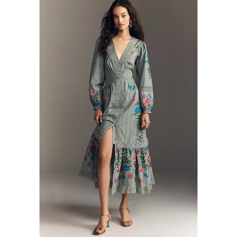 By Anthropologie Green Floral Button-Front Midi Dress Boho Large NWT